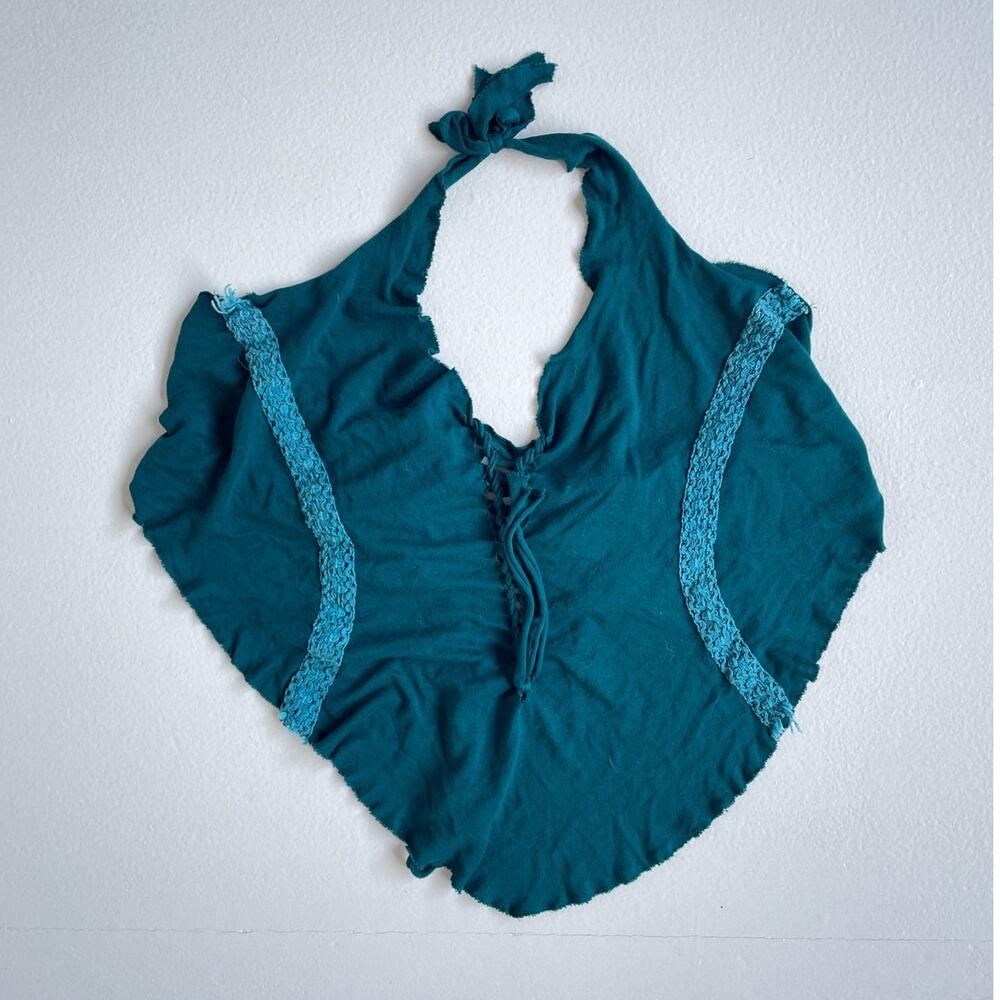 Vtg 90s Y2K Teal Crochet Halter Top / Corset Tie Hippie Fairy Festival / Rayon